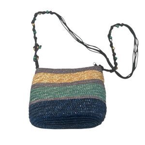 Nouveau Multicolor Woven Straw zip top Crossbody Bag extra long strap GUC